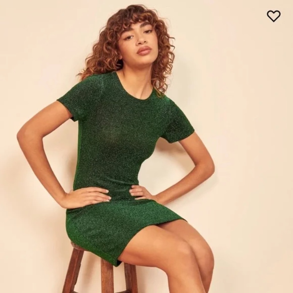 Reformation Amina Metallic Green Mini Dress, S